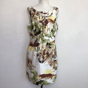 Emma & Michele Abstract Green and Brown Floral Scoop V-Back Midi Dress SZ 14